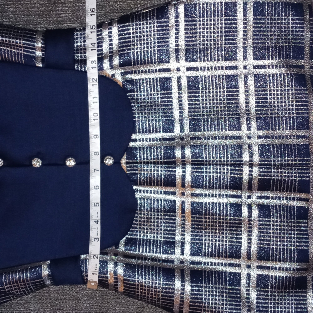 💙VTG 1960s Oscar de la Renta💙 - Navy Silk & Silver Metallic Plaid Mod Dress - Picture 15 of 16
